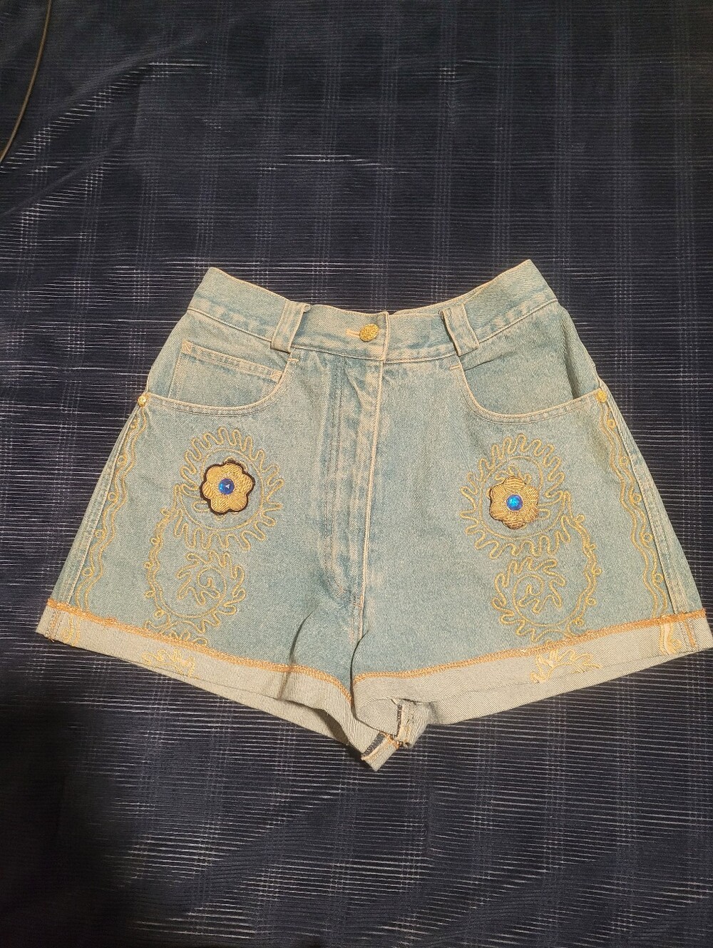 Vintage Light Blue Embroidered Denim Shorts - Women's Summer Casual